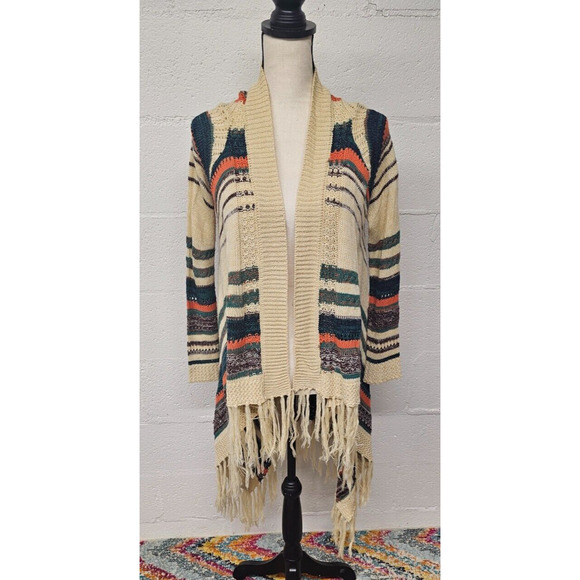 Vintage Demanding Cardigan Women's XS Beige Striped Fringe Trim Open Western - Picture 1 of 7